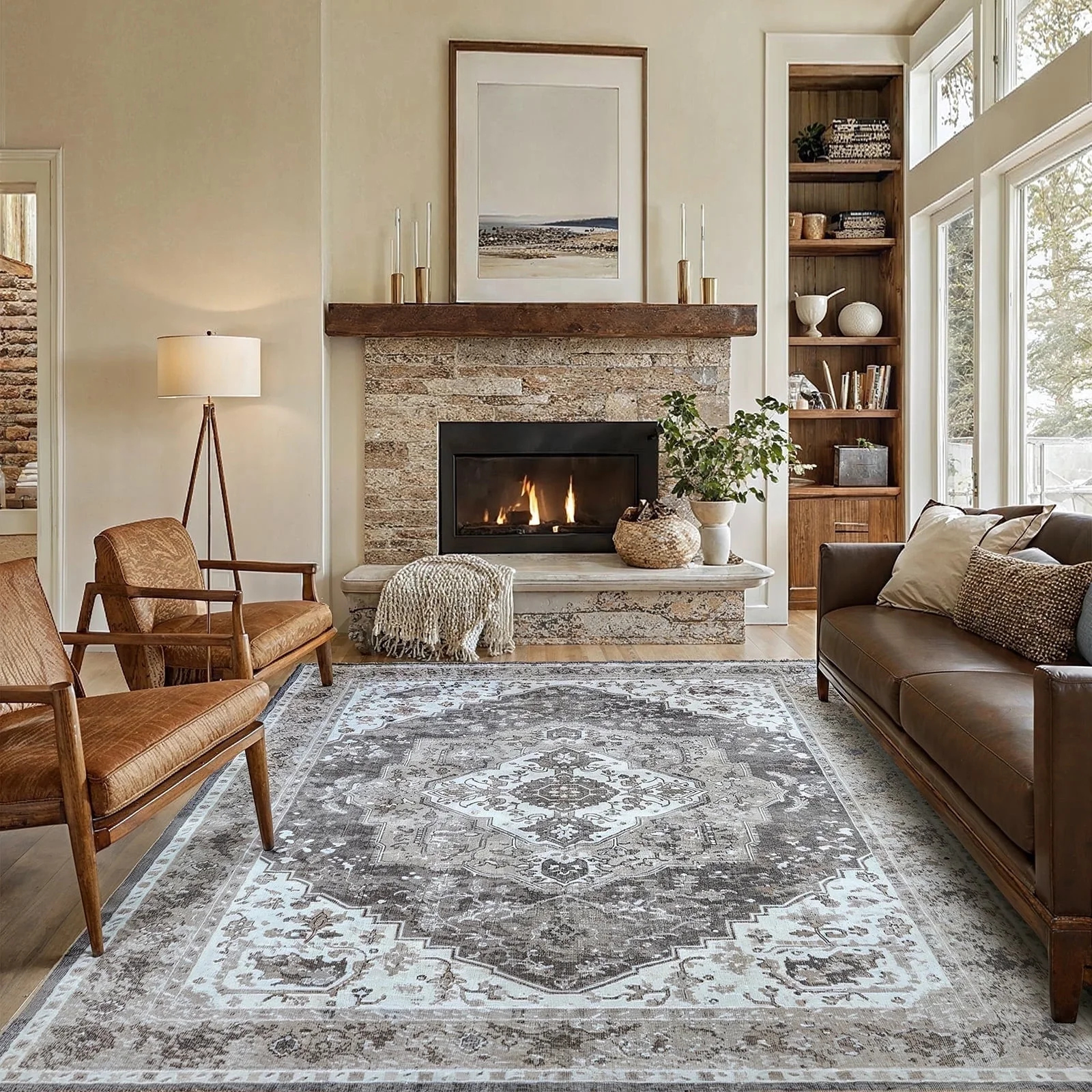 CHITOOMA 8'x10' Machine-washable Area Rugs for Living Room, Boho Area Rugs with Non-Slip Backing, Stain Resistant Non-Shed Carpet for Bedroom, Dining Room, Dorm, Office