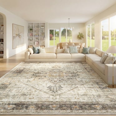 ODIKA 8'x10' Machine Washable Non-Slip Area Rug, Geometric Beige High ...