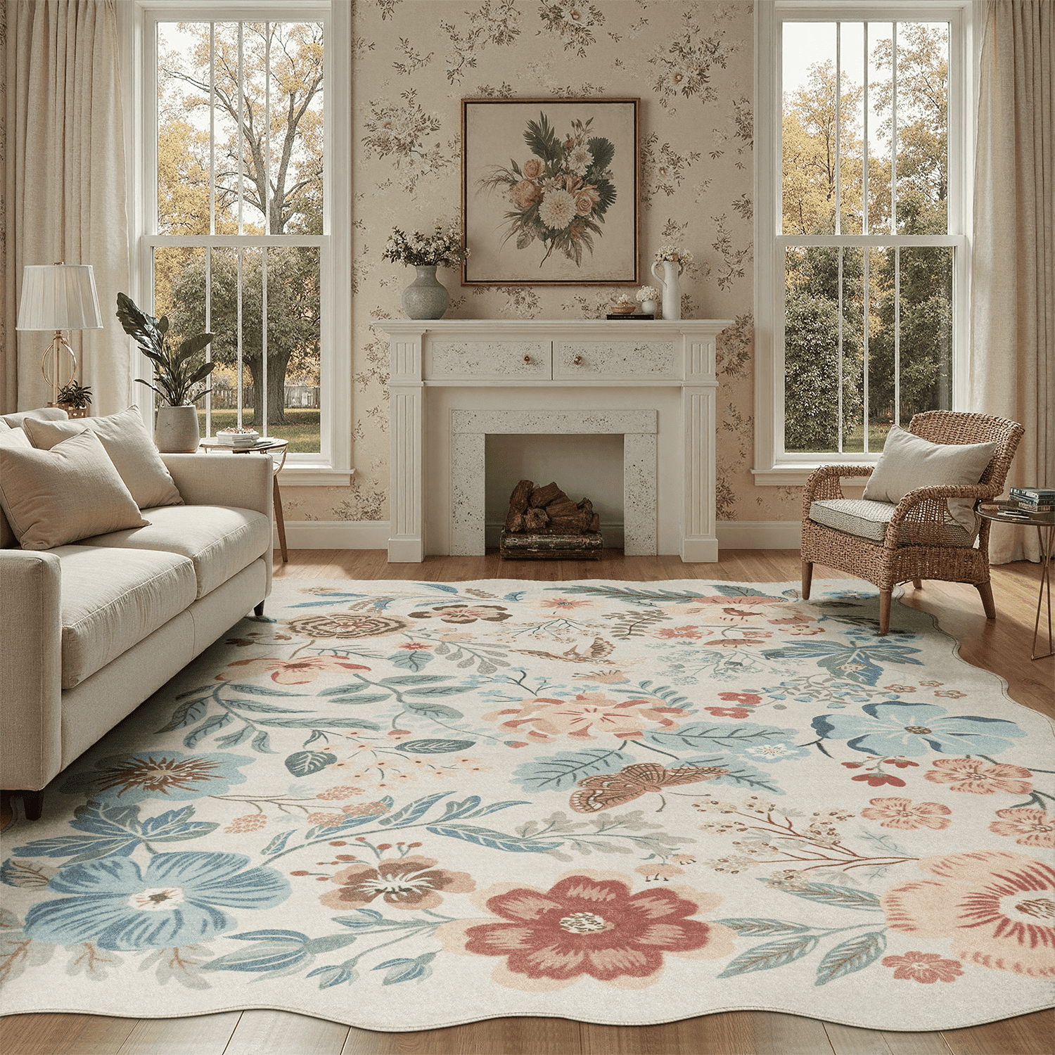8'x10' Washable Rug, Non-Slip, Stain-Resistant Low-Pile Vintage Floral Scalloped Rug for Living Room, Dining Room, Bedroom, Soft Low Pile Large Carpet -Beige