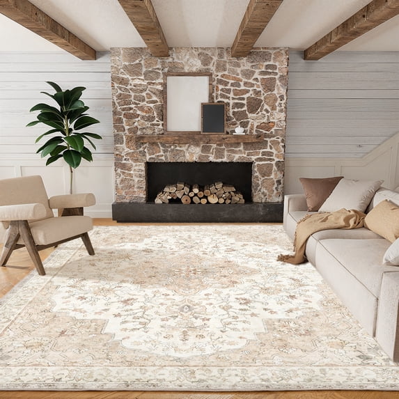 CHITOOMA 8'x10' Boho Area Rugs for Living Room, Machine Washable Floral Area Rug with Non-Slip Backing, Stain Resistant Non-Shed Carpet for Bedroom, Dining Room, Dorm, Office