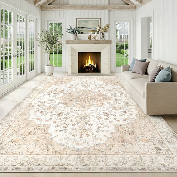CHITOOMA 8'x10' Boho Area Rugs for Living Room, Machine Washable Floral Area Rug with Non-Slip Backing, Stain Resistant Non-Shed Carpet for Bedroom, Dining Room, Dorm, Office