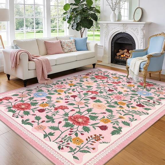 8'x10' ZACOO Vintage Floral Non-Slip Low-Pile Indoor Area Rug Machine Washable Foldable Non-Shedding Carpet for Dining Room Kitchen Lounge , Pink