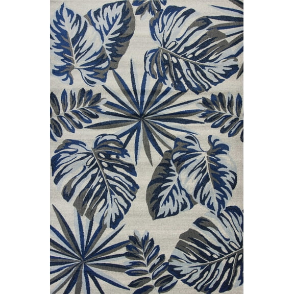8'x11' Grey Blue Machine Woven Oversized Tropical Leaves Indoor Area Rug
