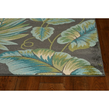 8'x11' Grey Teal Machine Woven Oversized Tropical Leaves Indoor Area Rug