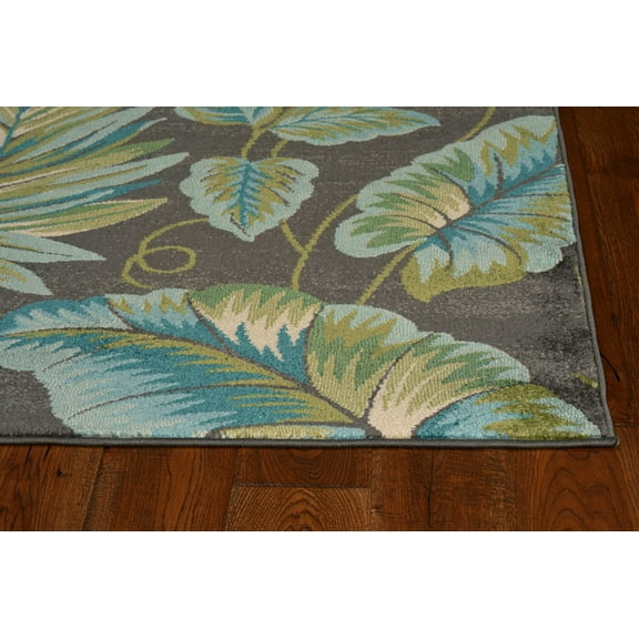 8'x11' Grey Teal Machine Woven Oversized Tropical Leaves Indoor Area Rug