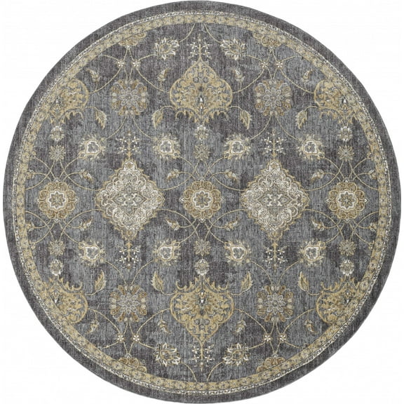 8'x11' Slate Grey Machine Woven Bordered Floral Vines Indoor Area Rug