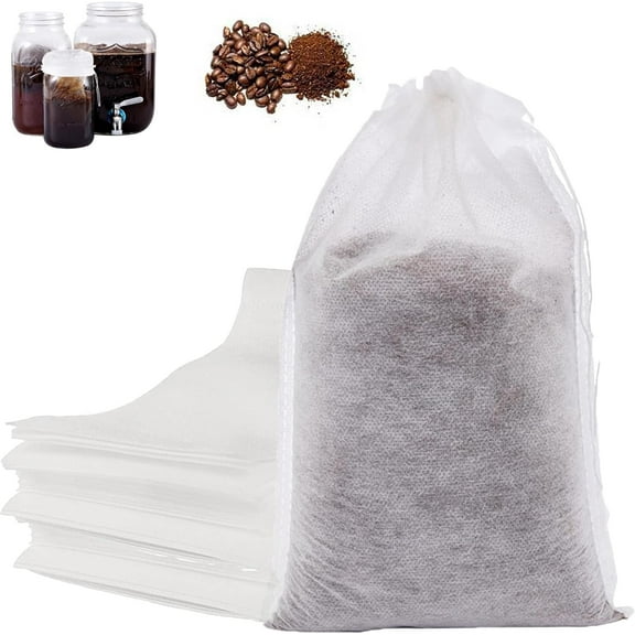 8''x12'' Cold Brew Coffee Bags, Disposable Filter Bag with Drawstring No Mess Coffee Filters Bag Fine Mesh Tea Filter Bag for Travel Restaurant Home Office Coffee Bar Use,100 Pcs, White