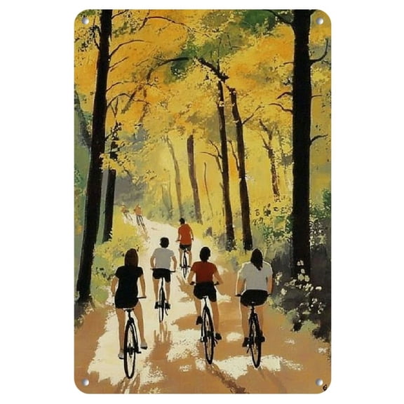 8"x12" Iron Wall Art - Charming Bicycle Scene with Three Riders in Lush Forest, Vintage Home Decor for Living Room, Office, or Gift, Lightweight & Easy to Hang, Garden Art Piece