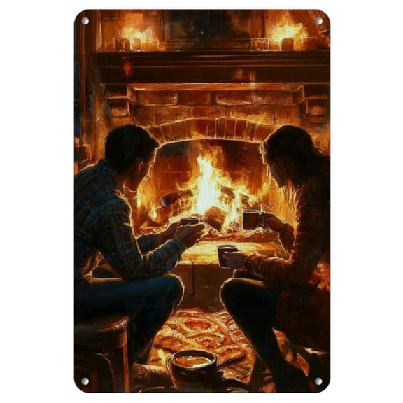 8"x12" Iron Wall Art - Romantic Fireplace Scene with Couple, Ideal for Valentine'S Evening, No Power Needed, Feather-Free, Cozy Wall Art|Intimate Setting Art|Quality Painting, Decor