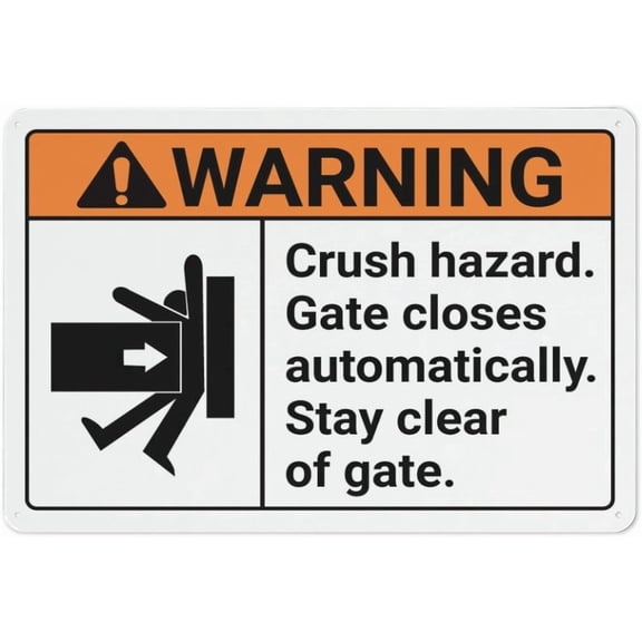 8"x12" Rust-Free Aluminum Warning Sign - Crush Hazard Gate Closes Automatically | Printed with Graphics, Easy to Mount | Indoor & Outdoor Use