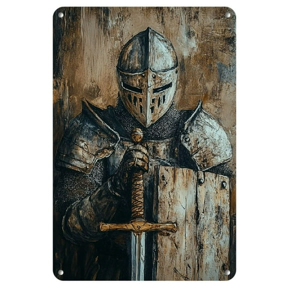 8"x12" Rustic Knight &amp; Cross Iron Wall Art - Textured Metal Sign for Home, Cafe, Bar Decor, Metal Wall Art Decor, 2D, Perfect for Room Decor