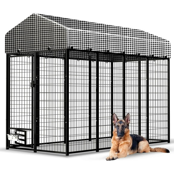 8x4x6 Upgraded Large Dog Kennel Outdside with Bowls, Sturdy Outdoor Dog Playpen Dog Exercise House Dog Enclosure Run Pet Fence Coop with Lockable Feeding Doors and Roof, for Small and Large Dogs