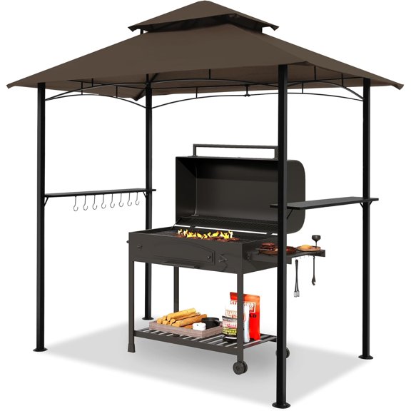 8'x5' Outdoor Grill Gazebo - Double Roof BBQ Gazebo Canopy with 2 Side Shelves and LED Lights, Patio BBQ Pergola Shelter for Garden, Porch and Backyard (Brown)