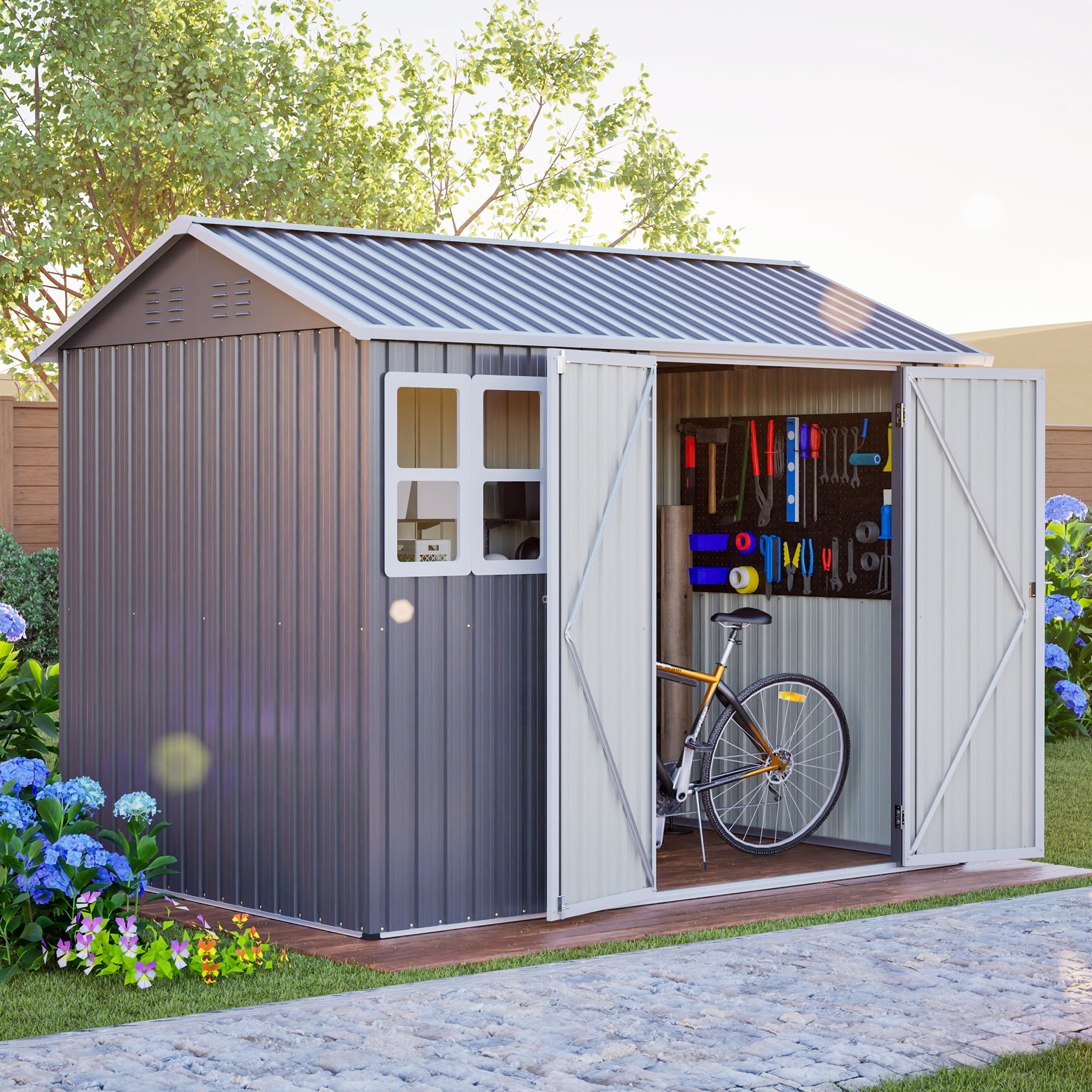 8'x6' Outdoor Storage Shed with Window, Large Metal Garden Shed for Backyard, Lockable Double Doors & Sloped Roof, Heavy Duty Galvanized Steel Tool Shed for Lawn Mower, Bike, Patio - Dark Gray