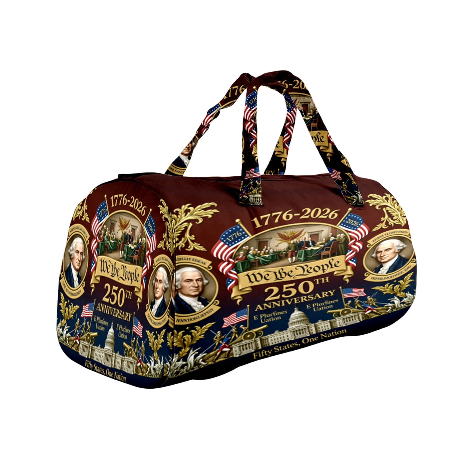 8"x8"x16" America 250th Anniversary “We The People” Heritage Handmade Hippie Van Quilted Duffle Bag, Declaration Of Independence Printed Hippie Van Quilted Duffle Bag, Original Boho Travel Bag