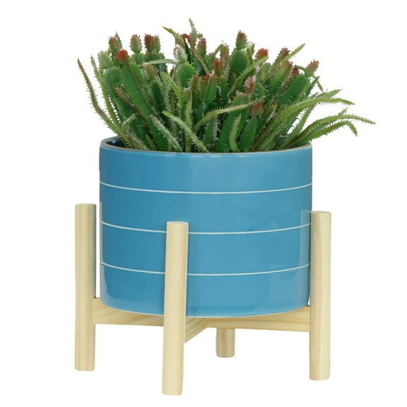 8"x9",Made of High-quality Ceramics, It Has Little Impact on The Environment,With Drainage Holes, It Is Very Suitable for Planting and Potting Succulents, Striped Planter W/ Wood Stand, Skyblue