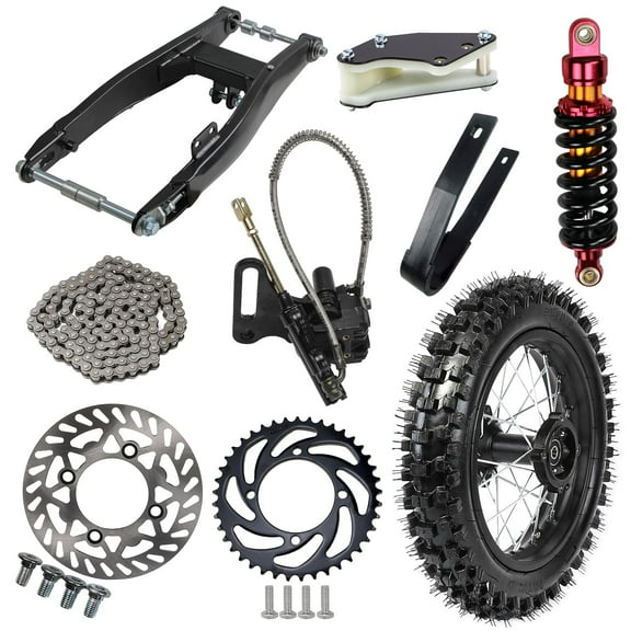 80/100-12 3.00-12 inch Tire Wheel and Rim + Swing Arm + Brake Caliper Assembly+ 428 Chain Sprocket +285mm Rear Shock for Pit Dirt Bike Apollo SSR 110cc 125cc 140cc CRF XR 70 50 (15mm bearing)
