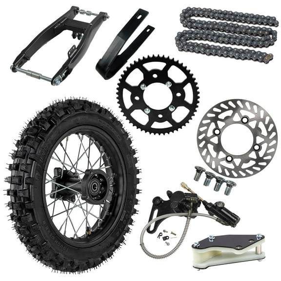 80/100-12 3.00-12 inch Tire Wheel and Rim + Swing Arm + Disc Brake Assembly Kit+ 420 Chain 53T Sprocket for Pit Dirt Bike Apollo SSR Taotao Coolster 110cc 125cc 140cc CRF XR 70 50 KX65