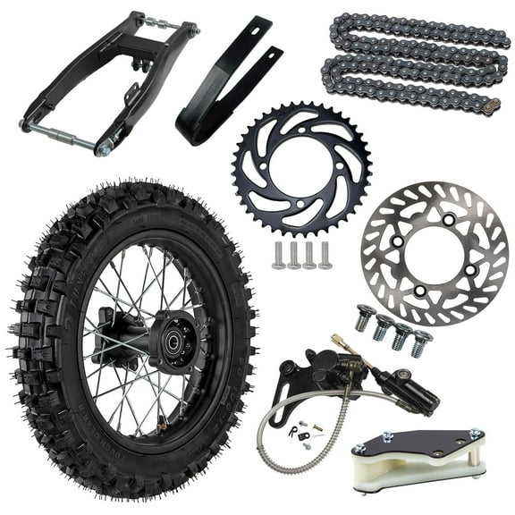 80/100-12 3.00-12 inch Tire Wheel and Rim + Swing Arm + Disc Brake Caliper Assembly+ 428 Chain Sprocket for Pit Dirt Bike Apollo SSR 110cc 125cc 140cc CRF XR 70 50 (15mm bearing)