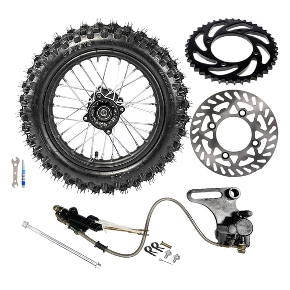 80/100-12 Dirt Bike Rear Wheel Tire on Rim with 12mm Bearing, Disc Brake Rotor, 428 41T Sprocket, Rear Wheel Axle, Brake Caliper for 125cc-160cc Pit Dirt Trail Pocket Bike CRF50 SSR TTR DRZ Apollo