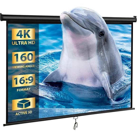 80'' 16:9 HD Projection Screen Foldable Anti-Crease Portable Projector Movie Screen Manual Pull Down for Home Theater Presentation Education Outdoor Indoor Public Display, Black