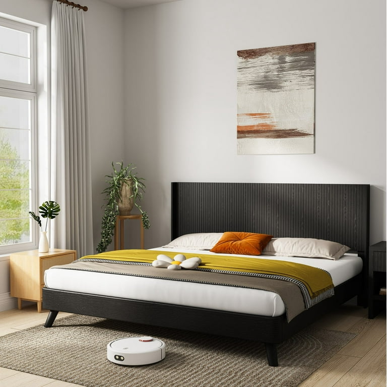 Wooden King Platform Bed with Fluted Panel and Wingback