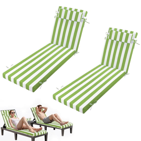 80" ×26" Outdoor Chaise Lounge Cushion, 3" Thick High-Density Foam Fill, with Removable Headrest, Waterproof Fade Resistant, Replacement Cushion for Lawn Pool (Grass Green White Stripes 2PCS)