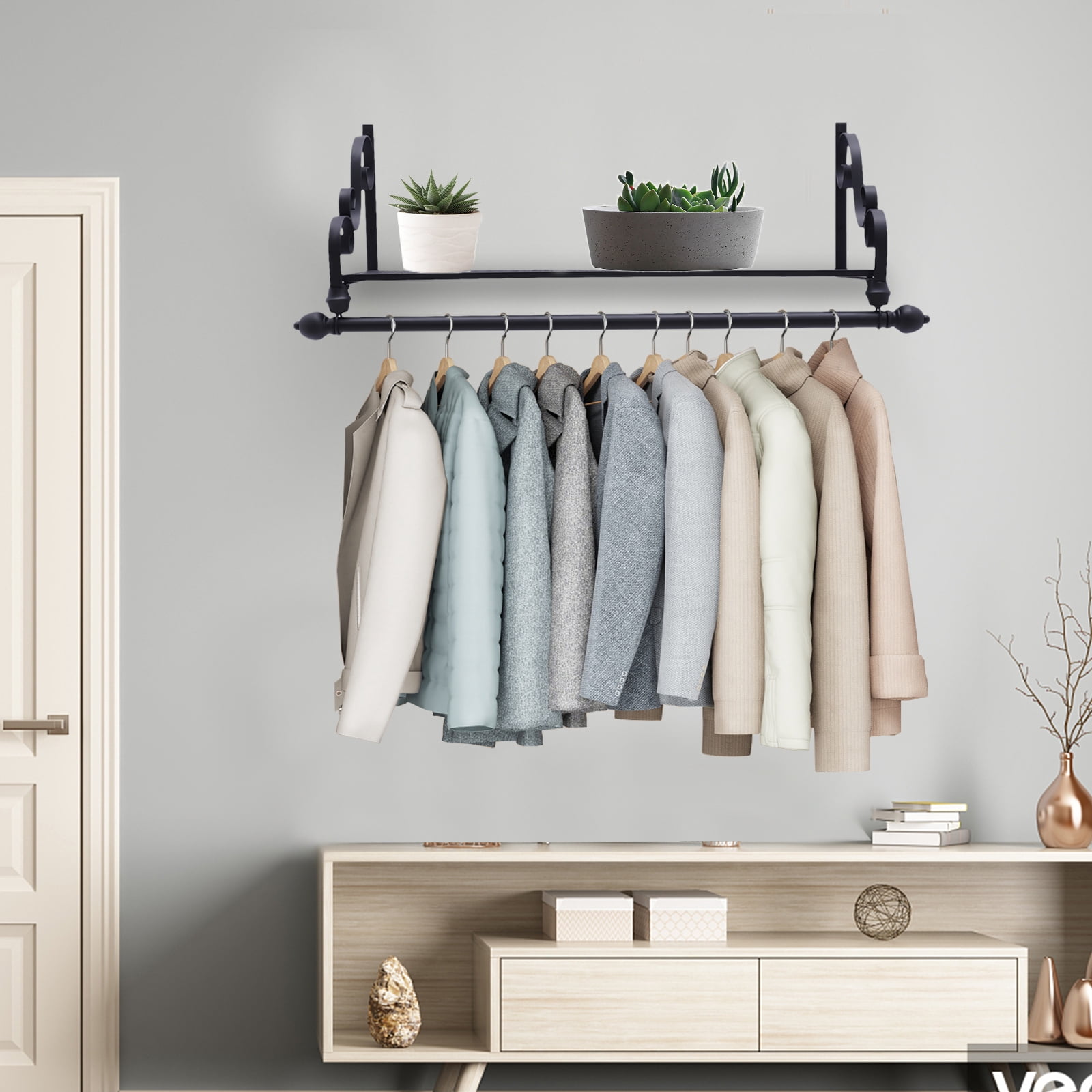 80*28*20.5cm Black Wall-mounted Clothes Storage Shelf Bedroom Coat ...