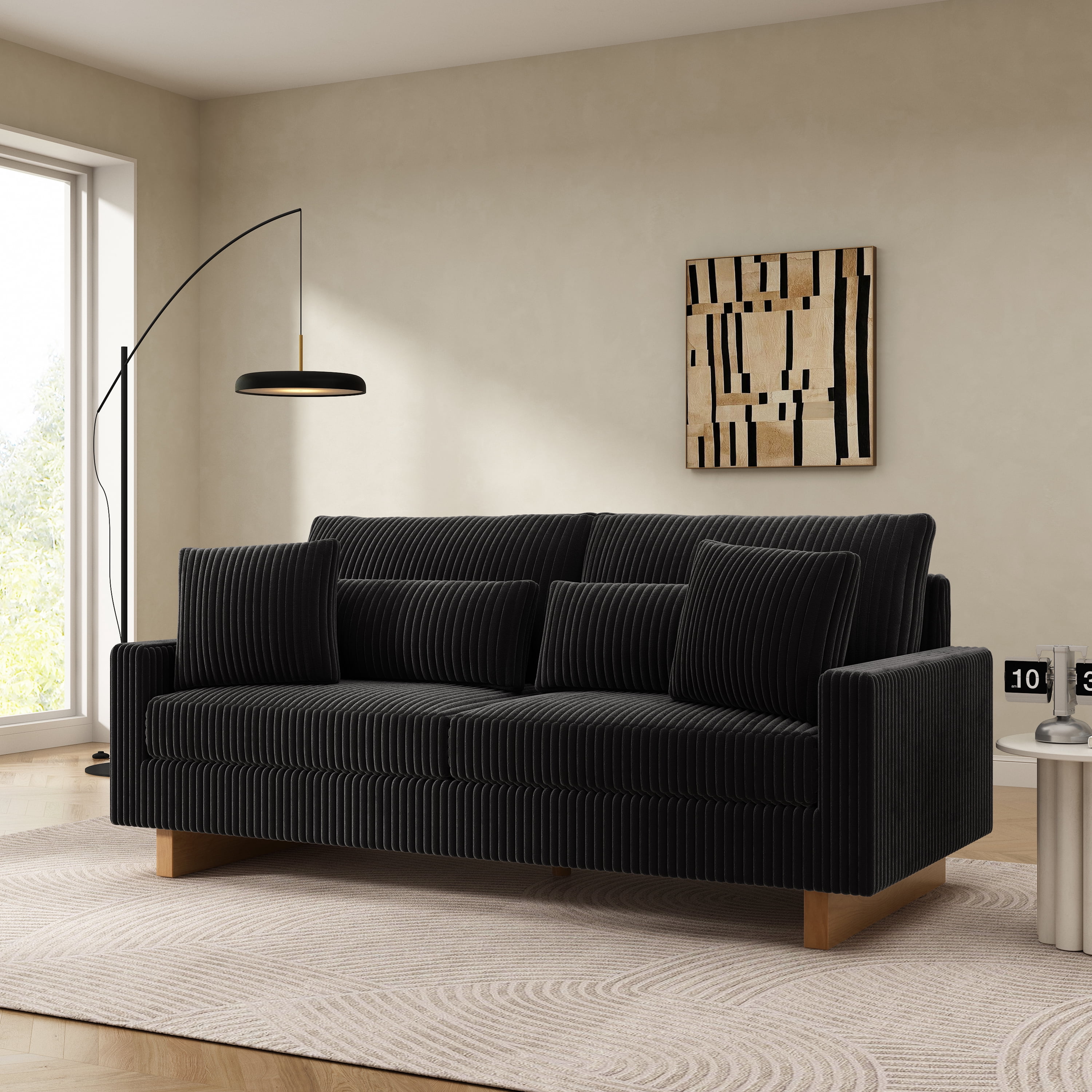 80.3" Corduroy Sofa Couch with Deep Seat,Modern Upholstered Loveseat Sofa with Four Pillows for Living Room Office,Black