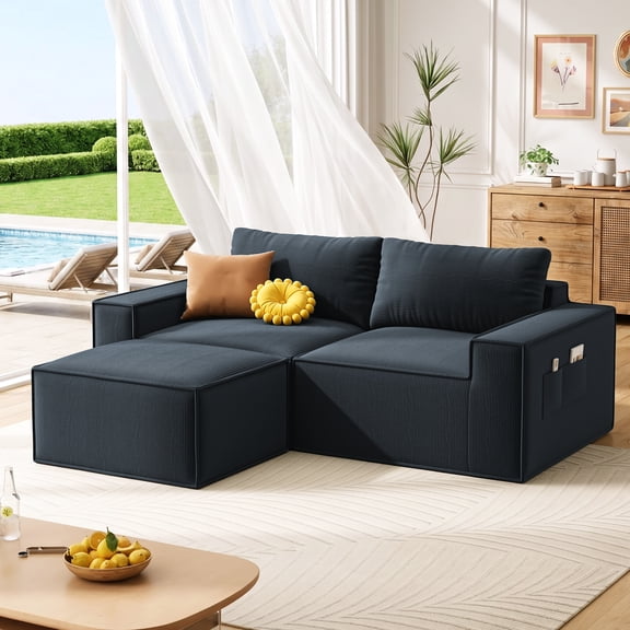 80.3''L L-Shaped Cloud Modular Sectional Sofa, Lofka Modern Corduroy Couch with Wide Armrests, Upholstered Boneless Deep Seat Fluffy Loveseat with Ottoman, No Assembly Needed, Black