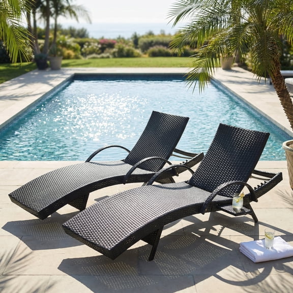 80.3” Outdoor Lounge Chairs Set of 2, Black Wicker Chaise Lounge, Patio Recliner Chair, Adjustable Backrest Pool Lounger, Tanning Chairs for Outside with Pull-Out Side Table, Steel Frame