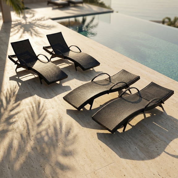 80.3” Outdoor Lounge Chairs Set of 4, Brown Wicker Chaise Lounge, Patio Recliner Chair, Adjustable Backrest Pool Lounger, Tanning Chairs for Outside with Pull-Out Side Table, Steel Frame
