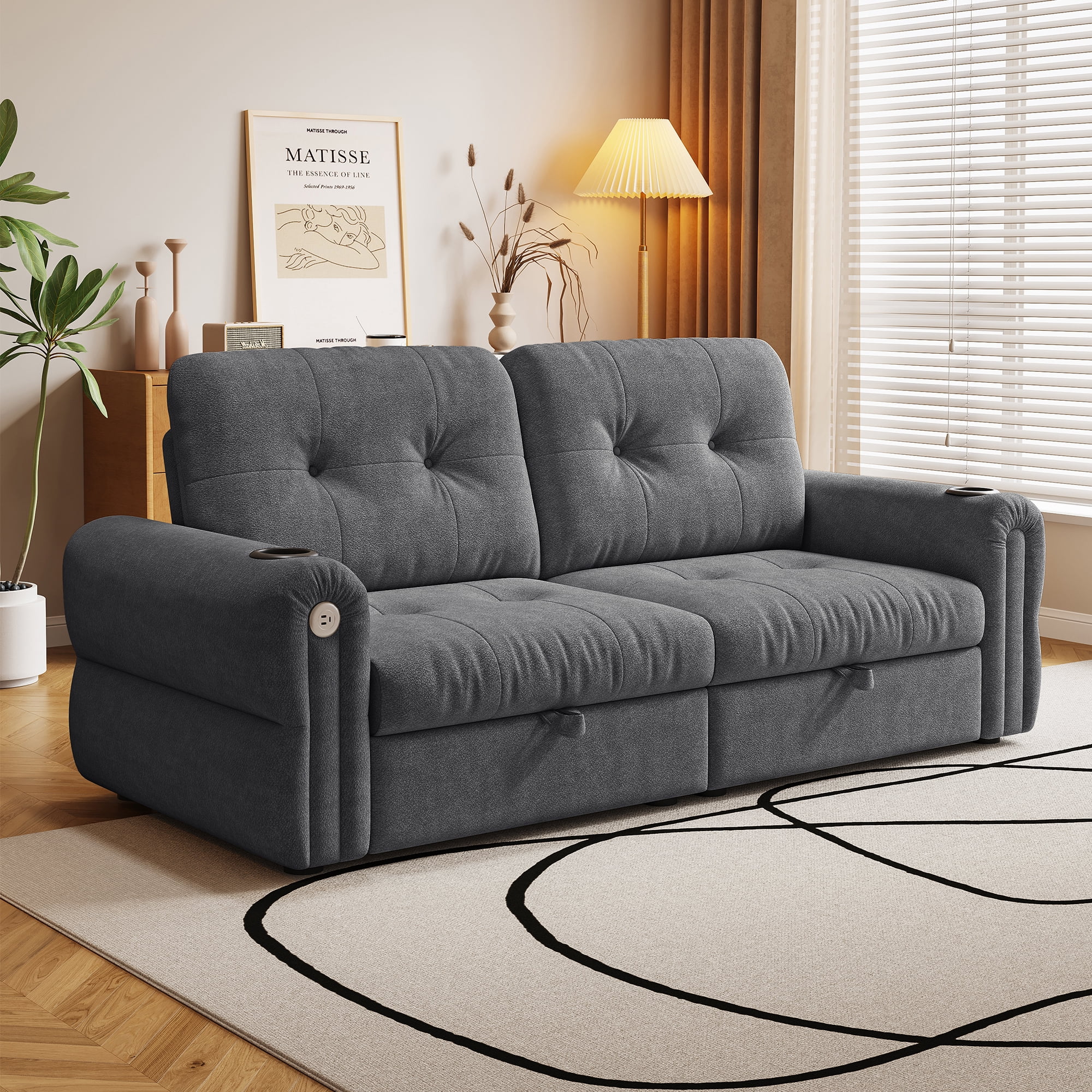 77'' Pull Out Couch Full, Chenille Sleeper Sofa with 5-Minute Assembly, Convertible Futon Sofa Bed, Adjustable Backrest, USB, 2 Cup Holders, Loveseat for Living Room,  Dark Gray