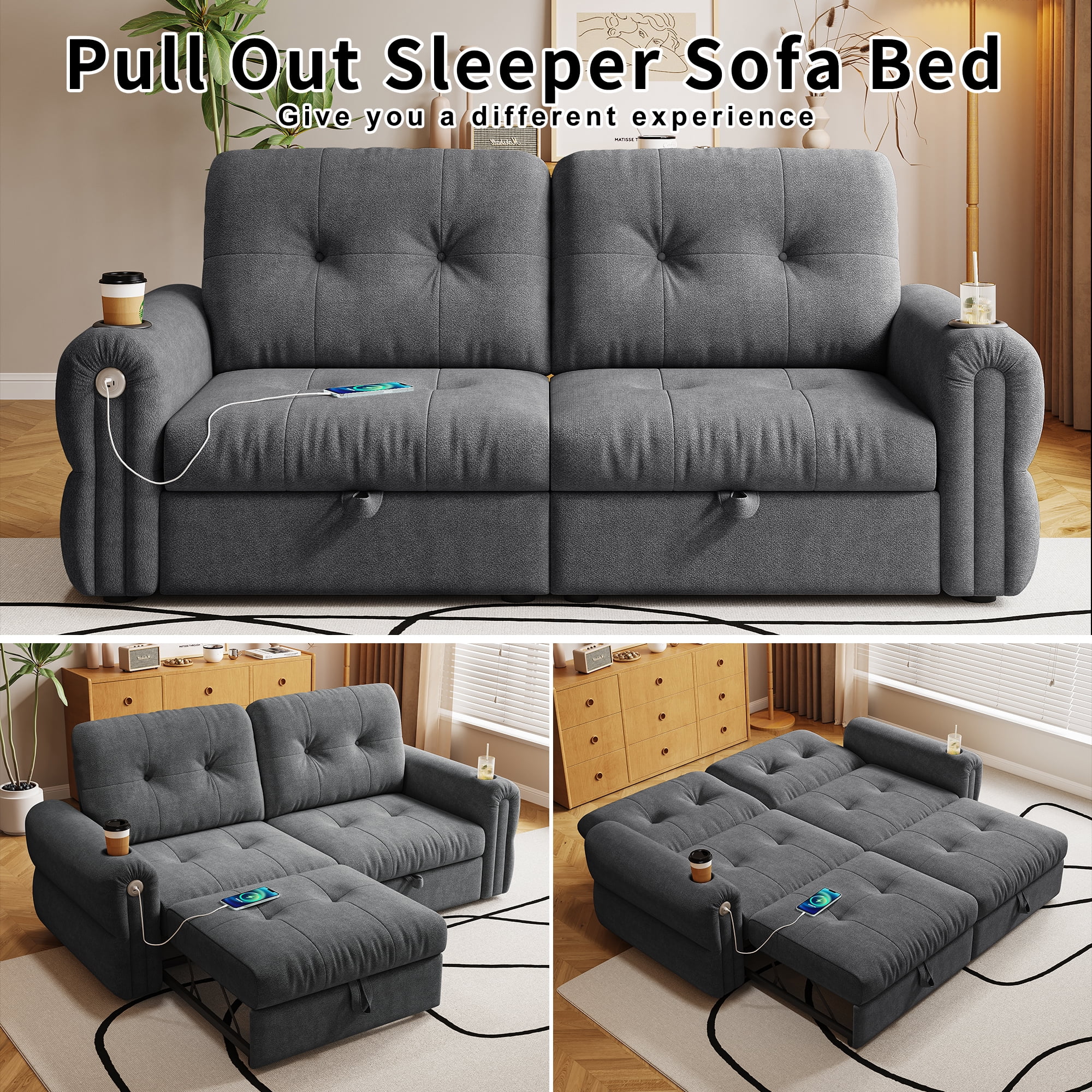 77'' Pull Out Couch Full, Chenille Sleeper Sofa with 5-Minute Assembly, Convertible Futon Sofa Bed, Adjustable Backrest, USB, 2 Cup Holders, Loveseat for Living Room,  Dark Gray