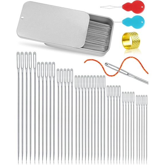 80/40 PCS Premium Stainless Steel Sewing Needles, 7 Sizes Large Eye Sharp Leather Needle Embroidery Thread with Threaders for Handsewing Art Crafts
