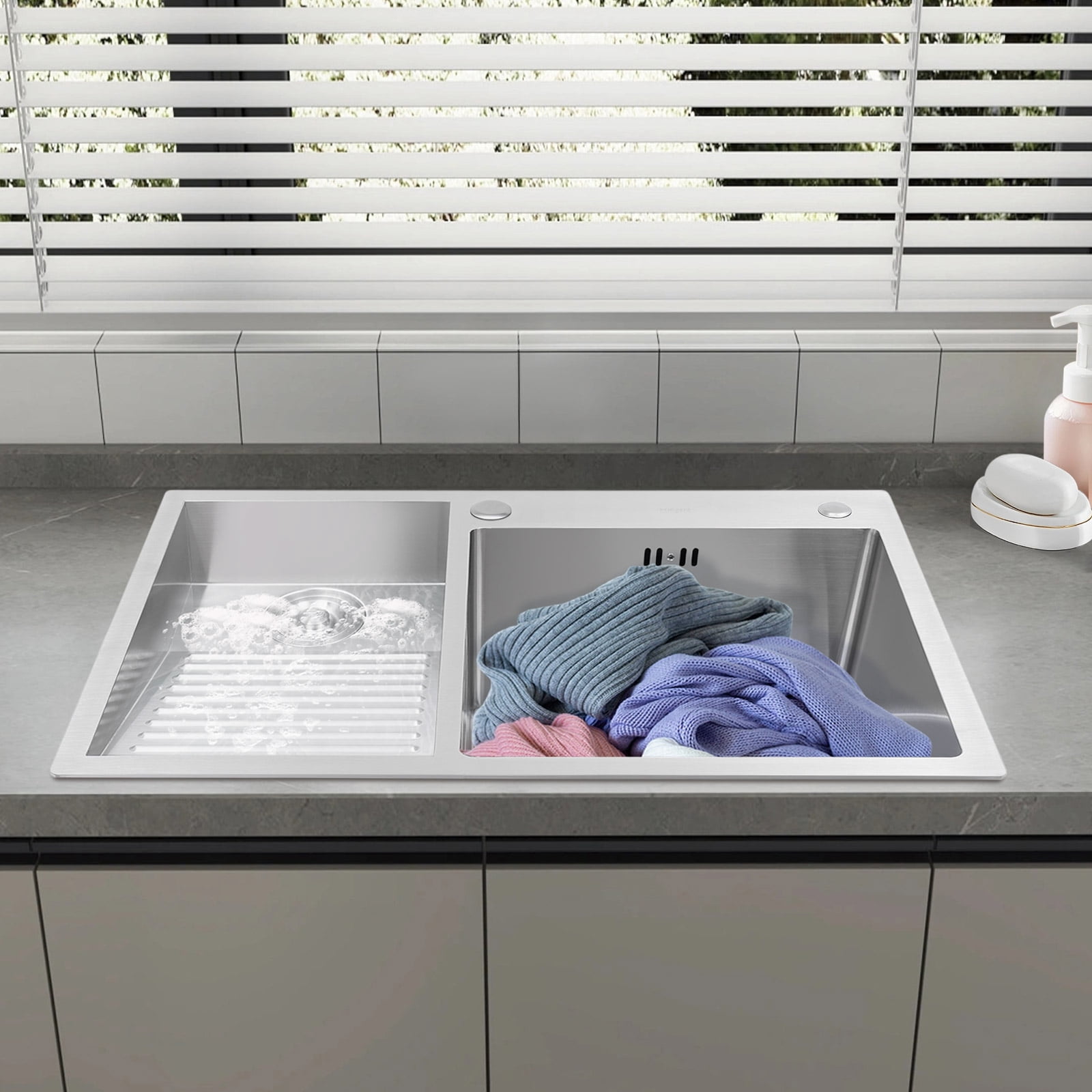 80*48cm Laundry Sink, Household Stainless Steel Laundry Sink with Washboard for Laundry Rooms, Utility Rooms, Kitchens, Balconies, or Outdoor Use.