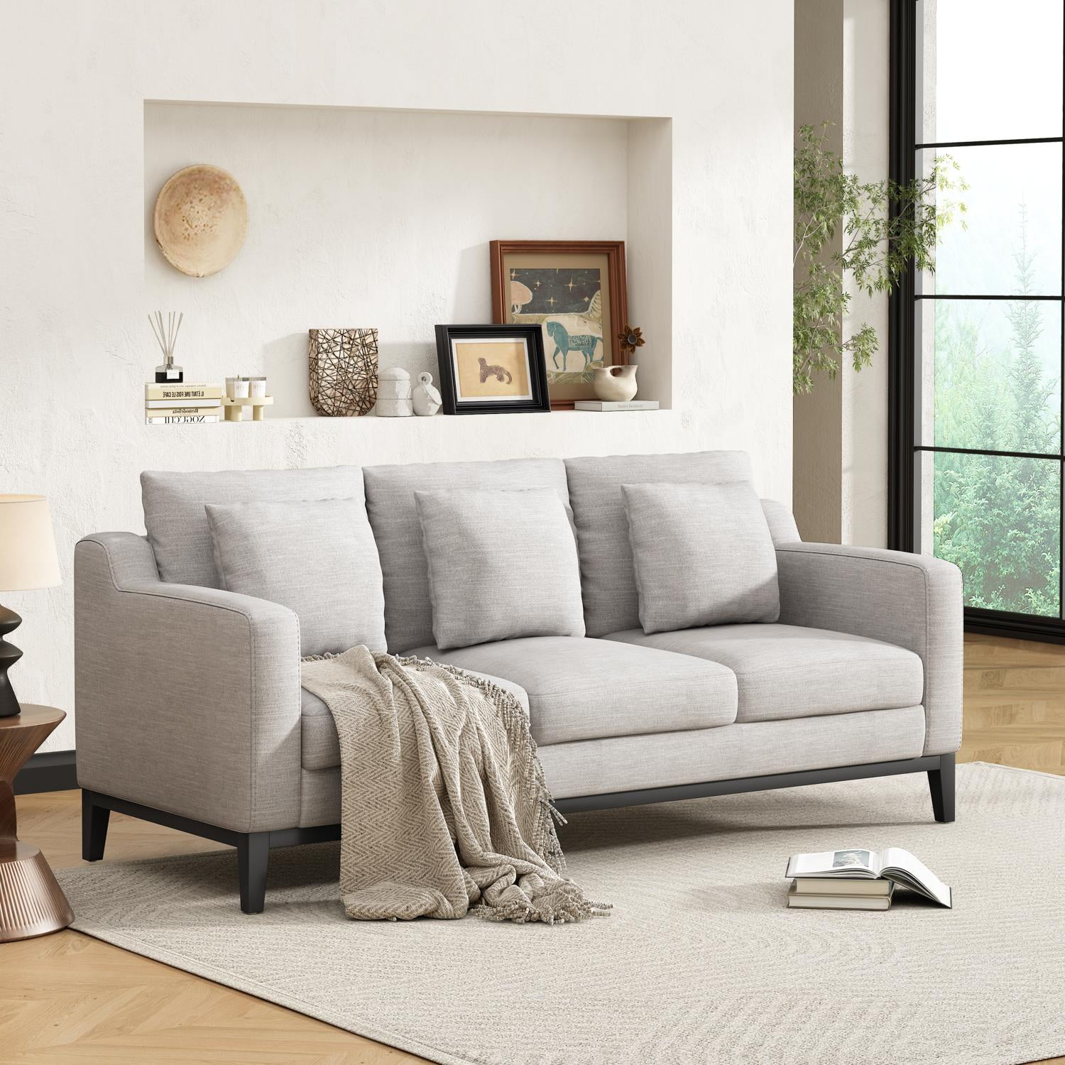 80.5" Linen Fabric Sofa Couch for Living Room,3-Seat Contemporary Upholstered Track Arm Sofa Couch with Wood Legs and Throw Pillow,Apartment,Office,Grey