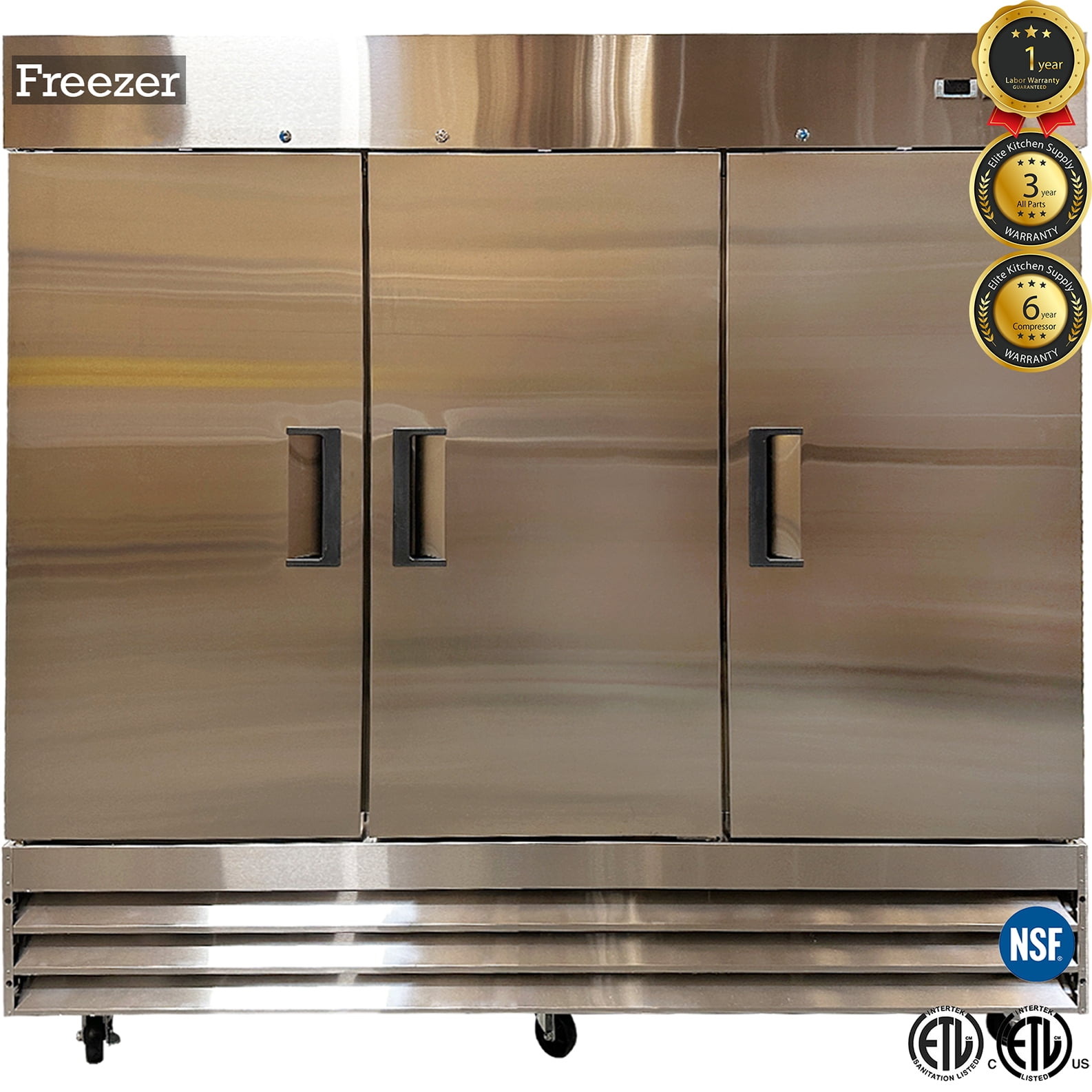 80.5” NSF Stainless Steel 3-Door Reach-In Commercial Freezer | 72 Cu. Ft | Bottom-Mount Compressor | R290 Eco Refrigerant | ETL & NSF Certified