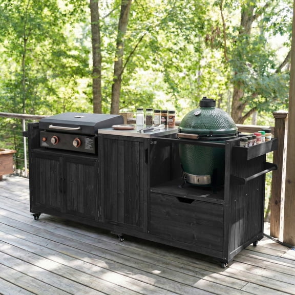 80.5" Outdoor Kitchen Island, Solid Wood Grill Cart with Stainless Steel Top - Dark Brown