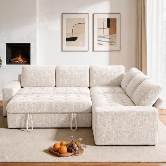 80" 5 Seat L Shaped Modular Sectional Sleeper Sofa Bed with Pull Out Bed/Reclining Backrest/USB Ports/Storage & Tufted Seat, Sectional Sleeper Couch, Tool-Free Assembly,Chenille Fabric White