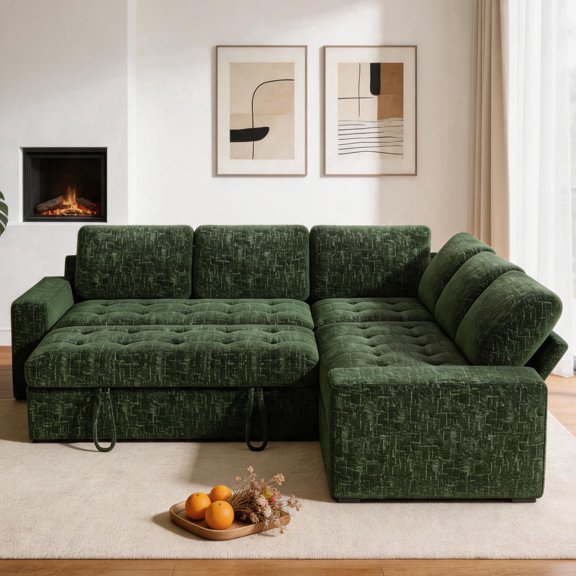 80" 5 Seat L Shaped Modular Sectional Sleeper Sofa Bed with Pull Out Bed/Reclining Backrest/USB Ports/Storage & Tufted Seat, Sectional Sleeper Couch, Tool-Free Assembly,Chenille Fabric Green