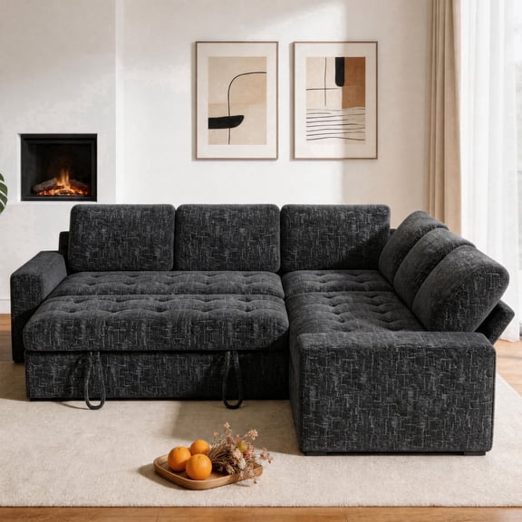 80" 5 Seat L Shaped Modular Sectional Sleeper Sofa Bed with Pull Out Bed/Reclining Backrest/USB Ports/Storage & Tufted Seat, Sectional Sleeper Couch, Tool-Free Assembly,Chenille Fabric Black