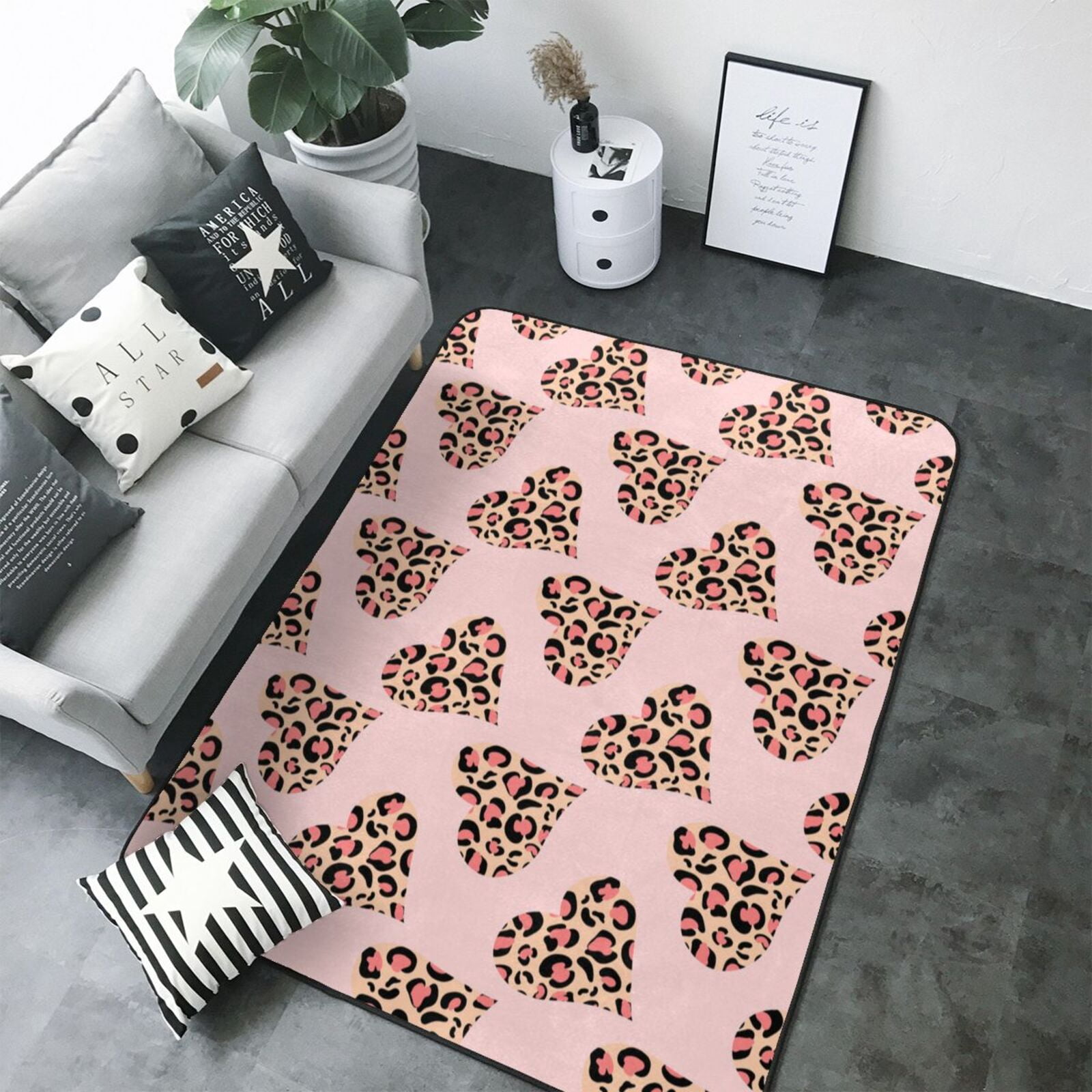 80*58in Soft Indoor Outdoor Rug Abstract Hearts Leopard pink Washable ...