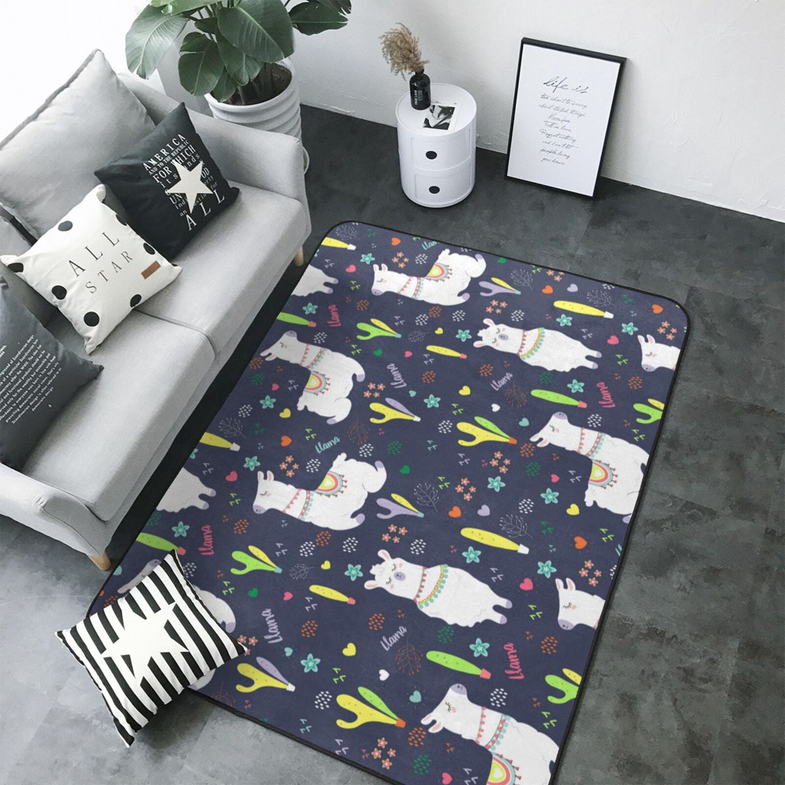 80*58in Soft Indoor Outdoor Rug Cartoon Cute Alpaca Cactus Flower ...