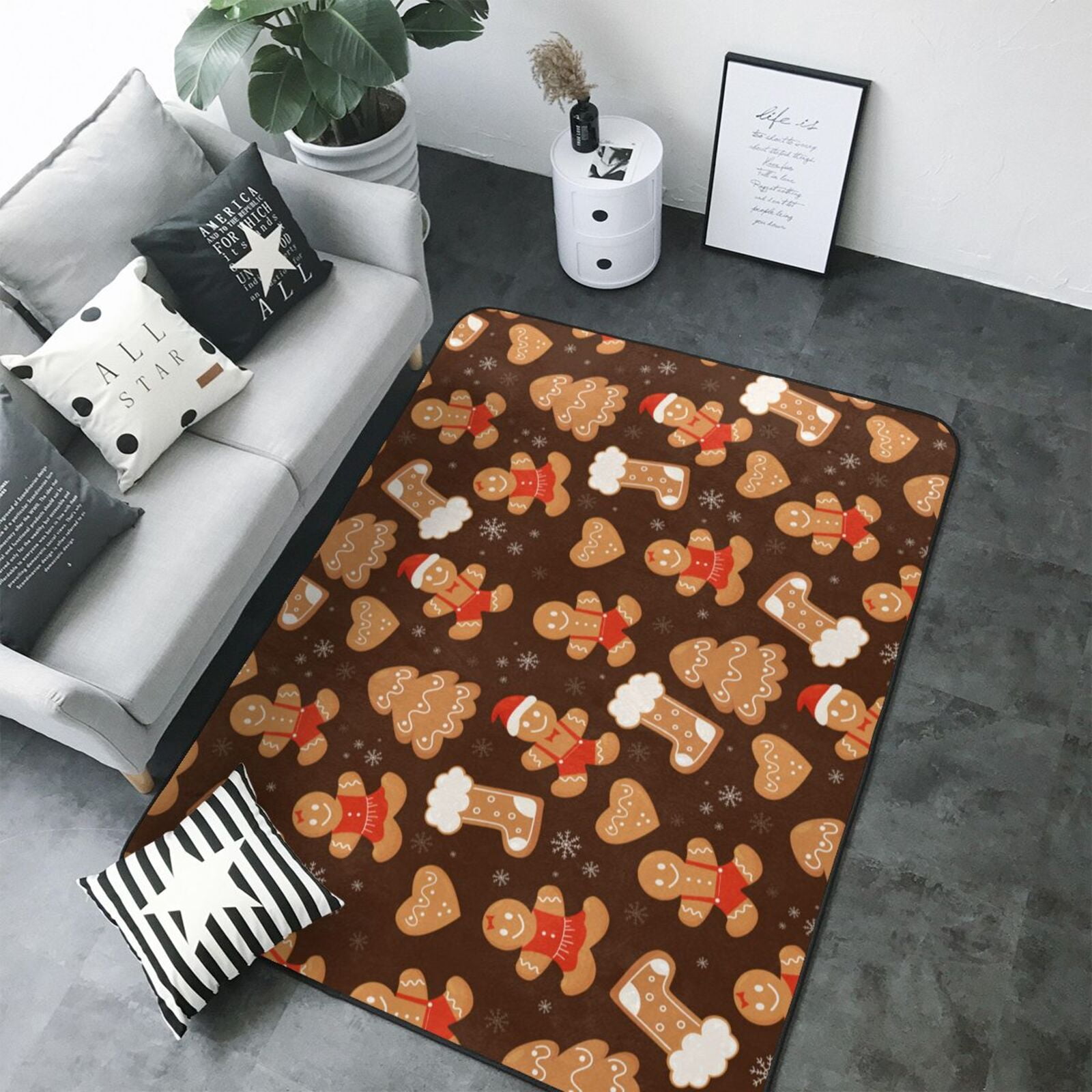 80*58in Soft Indoor Outdoor Rug Christmas Gingerbread Cookies Washable ...