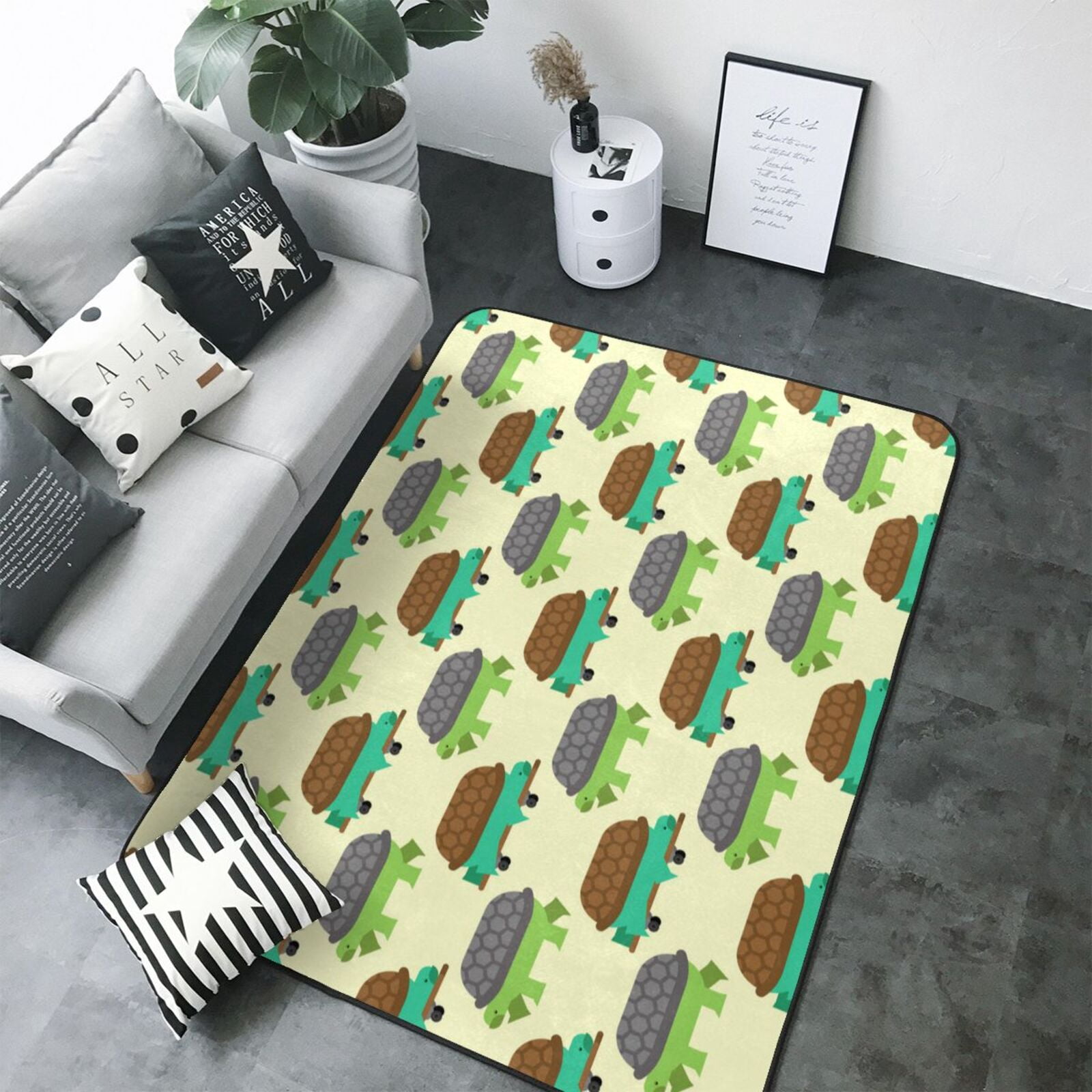 Turtle Rug Paper 80*58in Soft Indoor Outdoor Rug Turtle On Skateboard Washable Light ...