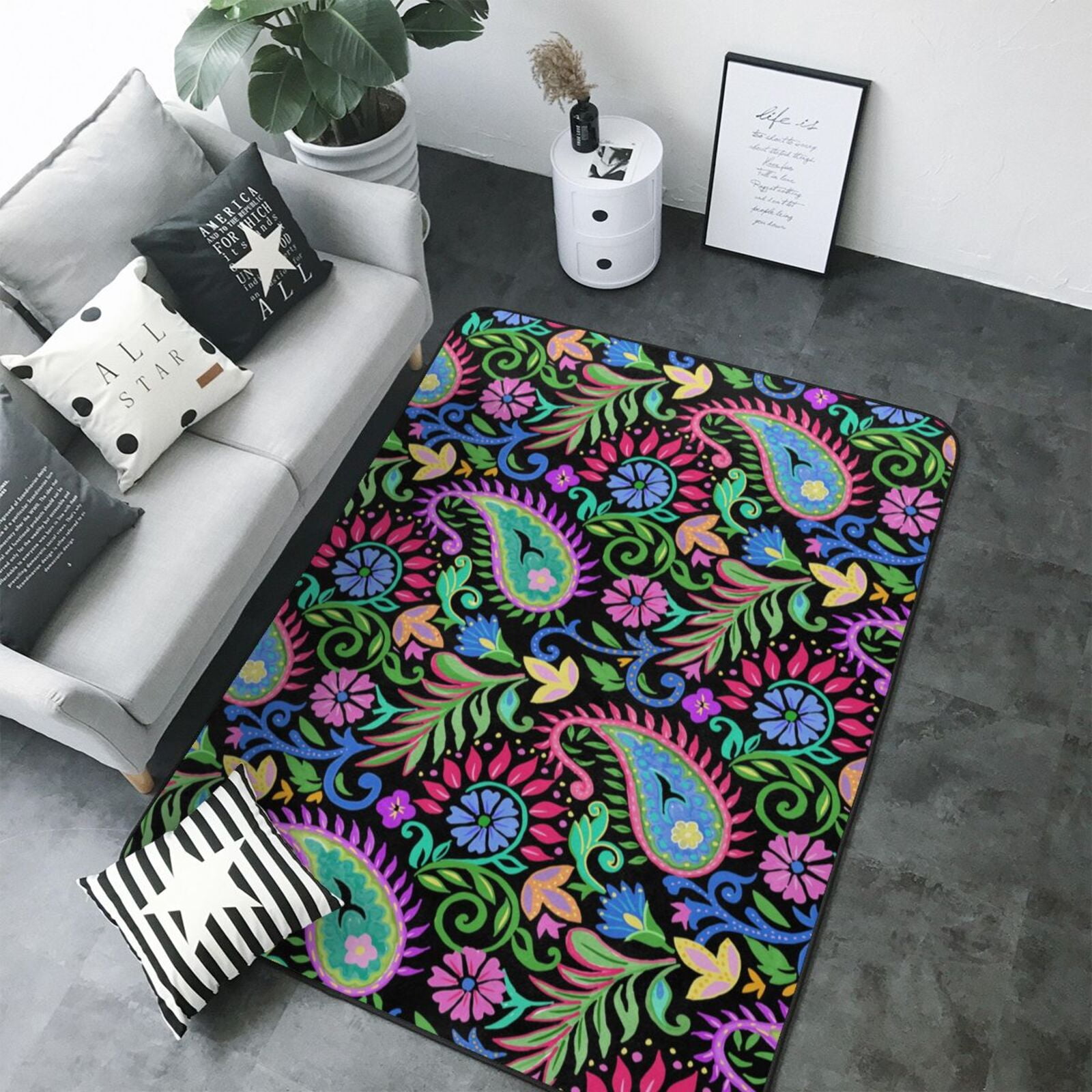 80*58in Soft Indoor Outdoor Rug Watercolor Floral Paisley Washable