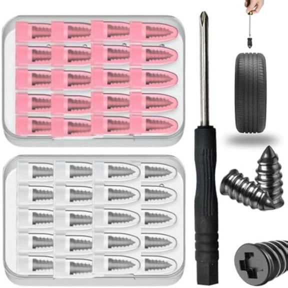 80/60/40 PCS Tire Repair Kit – Rubber Nails & 2 Sizes of Screw-in Plugs – Fast Self-Service Tools for Tire Puncture Fix – Includes Box & Screwdriver – For Car, Motorcycle & Truck