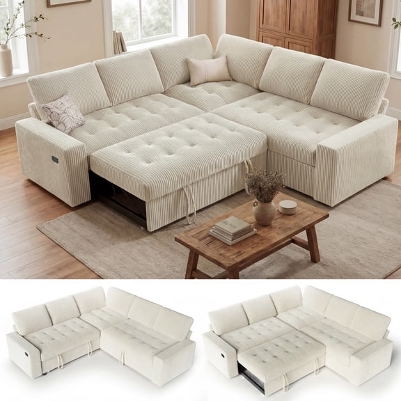 80.7" Corduroy 5-Seater Pull-Out Sleeper Sofa Bed, Convertible L-Shaped Sectional Couch with USB, Storage & Tufted Seat, Easy Assembly Modern Living Room Furniture