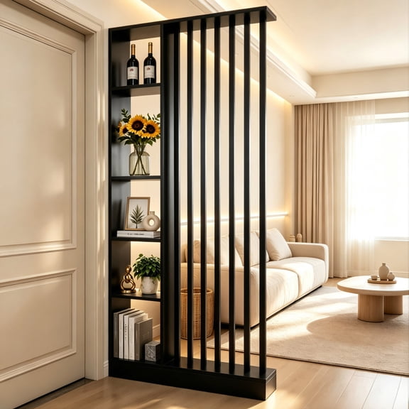 80.7" Freestanding Black Room Divider with 5-Tier Storage Shelves, Slatted Partition Bookcase & Privacy Screen for Living Room Entryway Bedroom